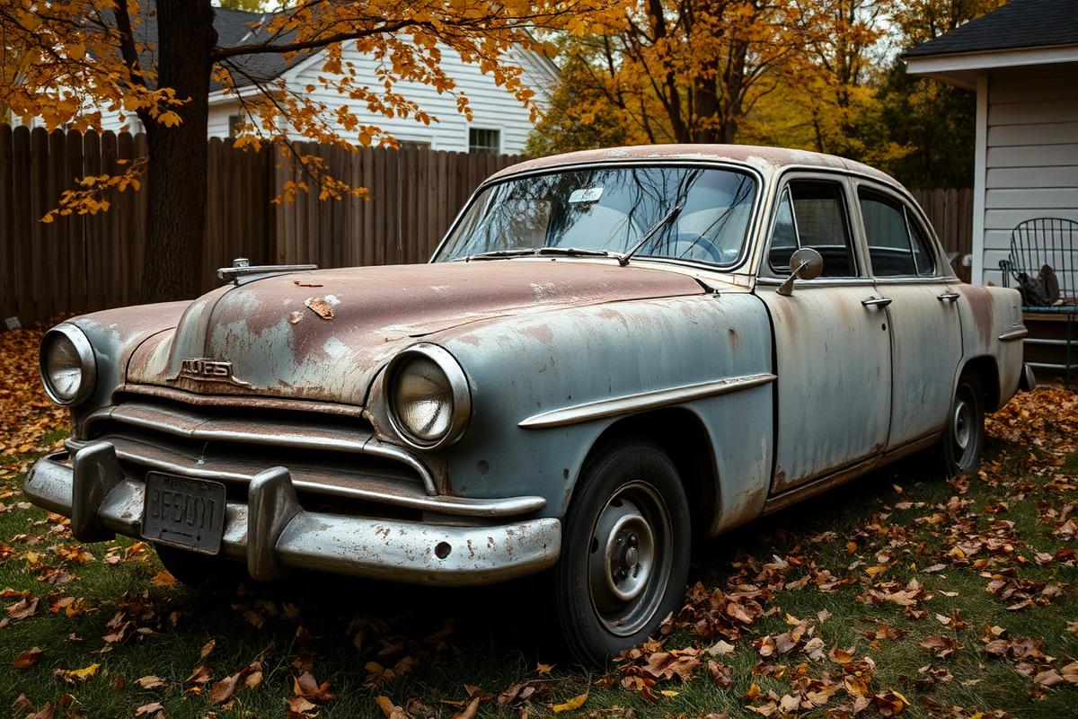 Rusty non-running junk car sitting in a Royal Oak Michigan backyard with autumn leaves, ready to be scrapped