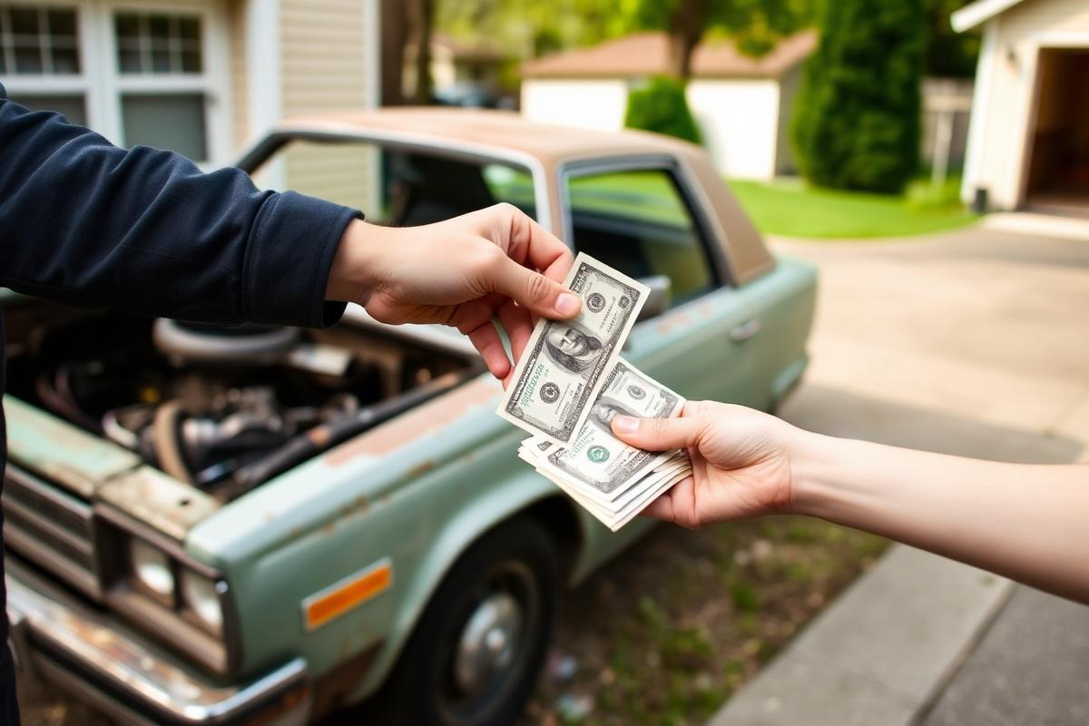 Cash being paid on the spot to a Royal Oak MI seller for their non-running junk car