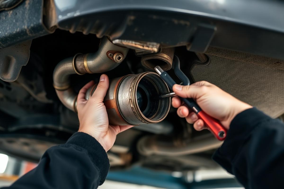 Mechanic removing a catalytic converter from underneath a scrap car to grade for extra payout