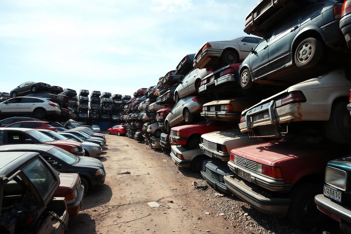 Rows of stacked junk cars at a Metro Detroit salvage yard where Royal Oak vehicles are recycled