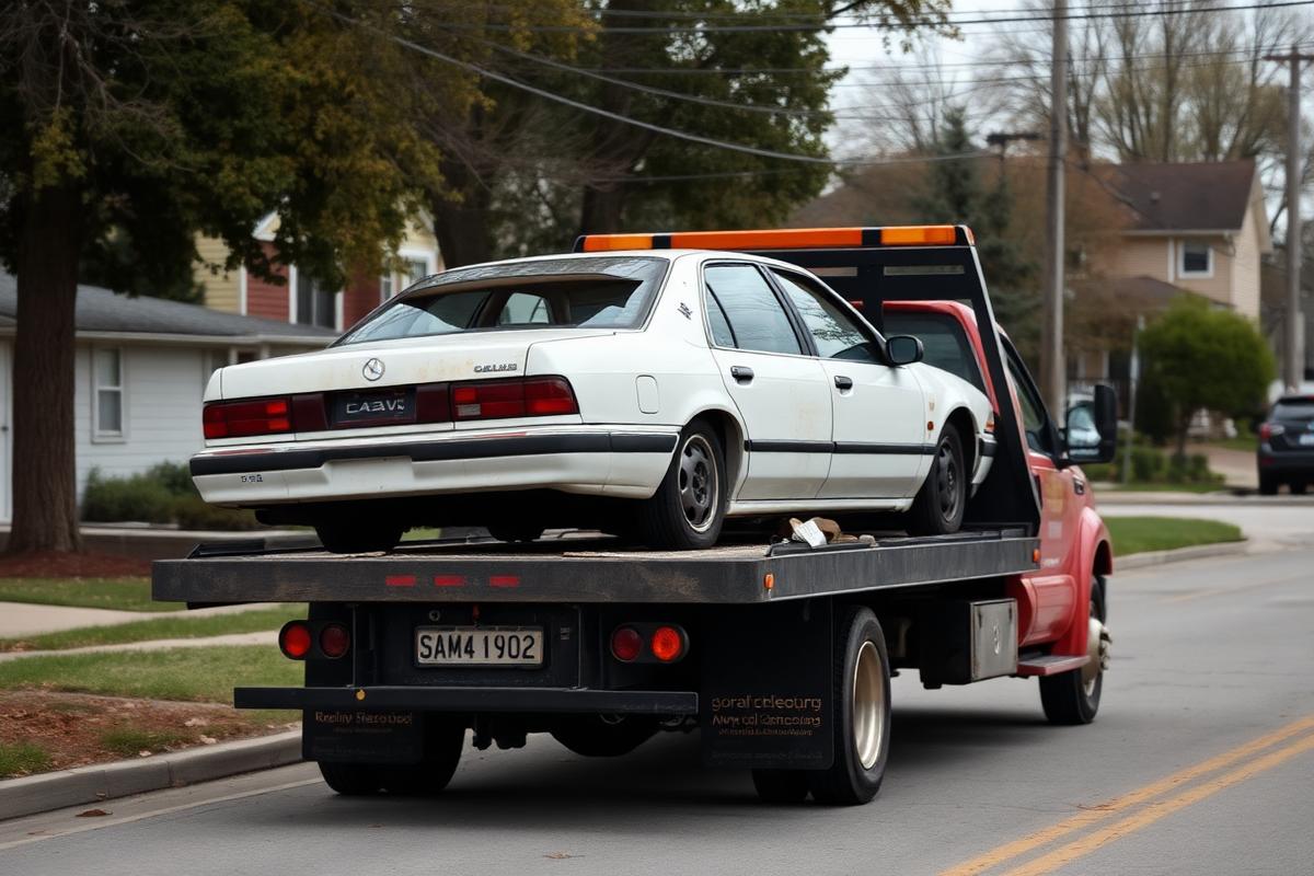 Flatbed tow truck driving away with a junk car loaded on the back through a Royal Oak neighborhood