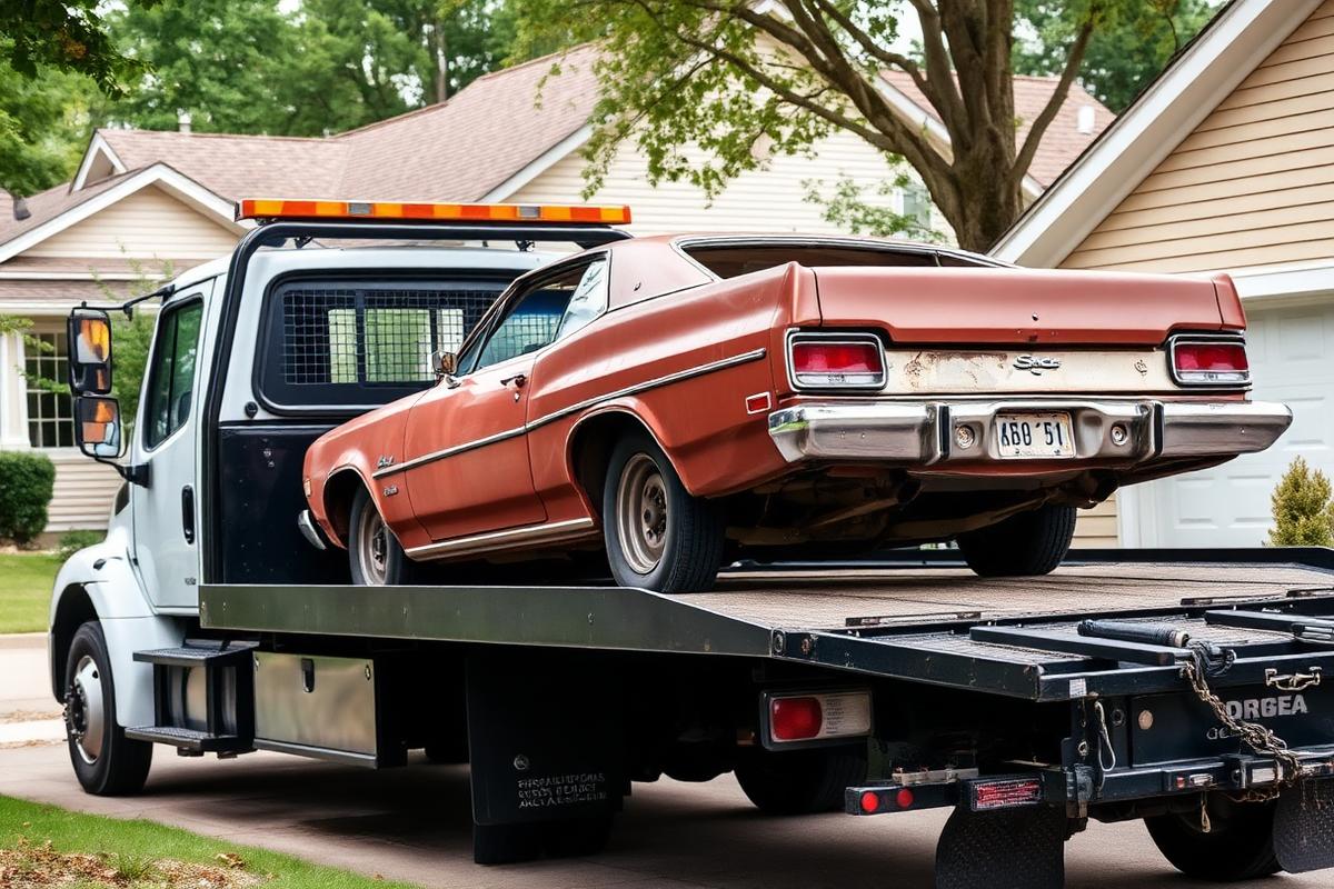 Flatbed tow truck loading a rusty junk car in a Royal Oak Michigan driveway for cash pickup