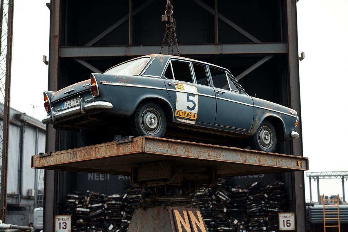Junk car being weighed on an industrial scrap yard scale to calculate scrap metal payout